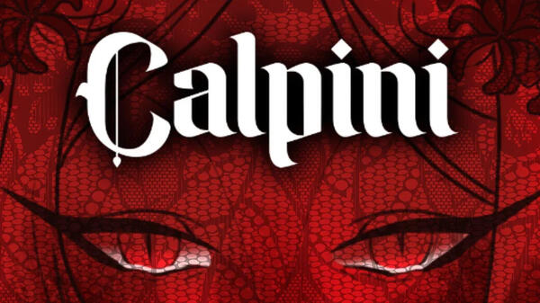 A young looking femme presenting face with vertical pupils,wing eyelashes, and tears welling in their eyes under a red filter with line art reminiscent of a moth's wings. White text in a gothic font reads "Calpini".