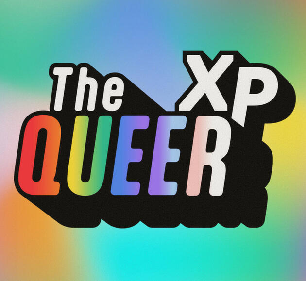 The Queer XP logo: The words "The Queer XP" written in bold letters in the colours of the LGBTQIA+ Progress Flag.